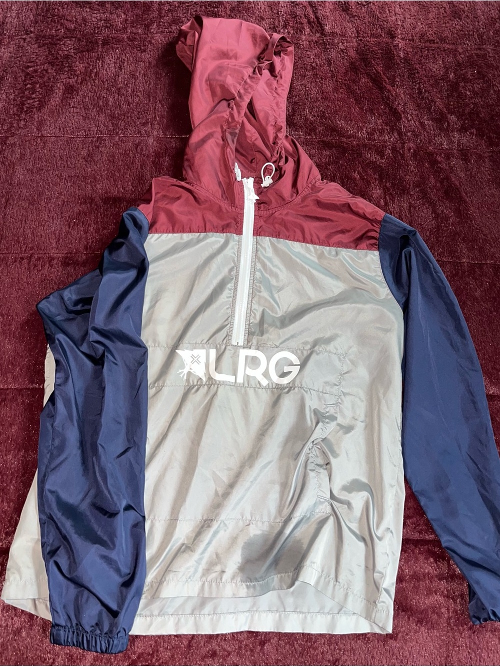 LRG Kids Hooded Colorblock Rain Pullover - Burgundy, Light Gray & Navy